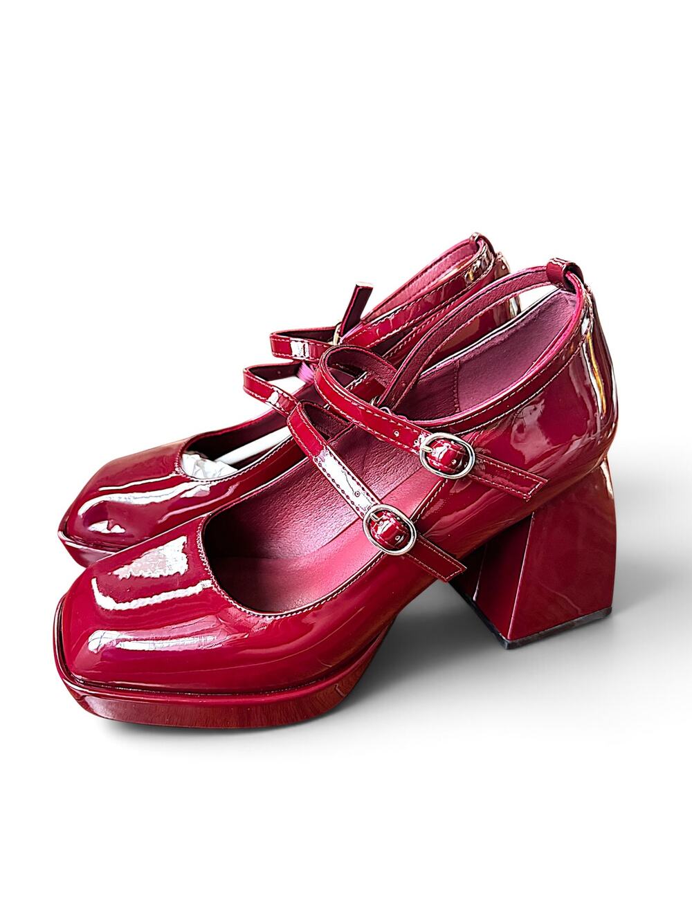 Cider Burgundy Patent Double Strap Mary Jane Platform Heels Size 39 NWT